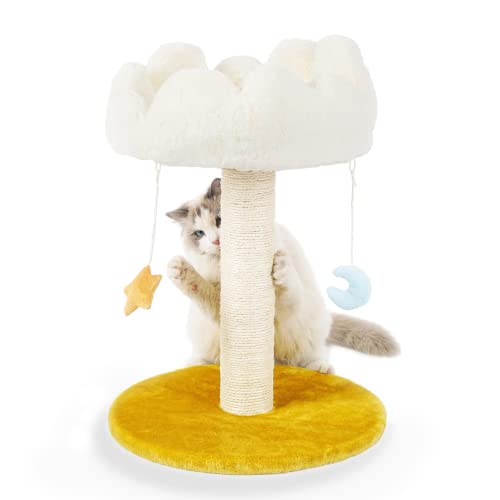 Happi N Pets Cloud Cat Scratching Post with Bed, Cat Tree Tower for Indoor Cats, Natural Sisal Cat Scratcher with Soft Perch for Kitten & Adult Cats, Small Cat Tower with Toys, Cat Activity Tree
