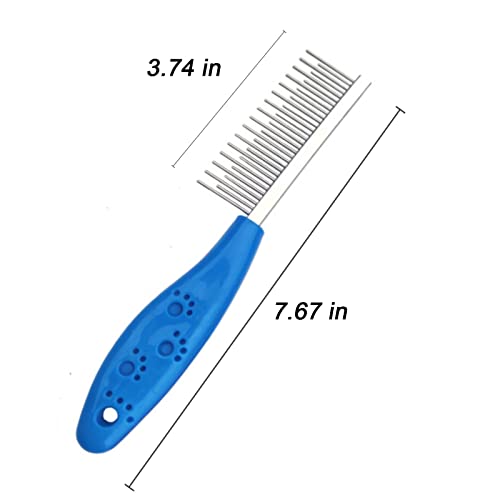 Long Hair Dog or Cat Comb Grooming with Short and Long Teeth Dematting Knots Tangles Remover Combs Detangler Tool Suitable for Dogs Cats Poodle HorseStainless Steel Pin Blue