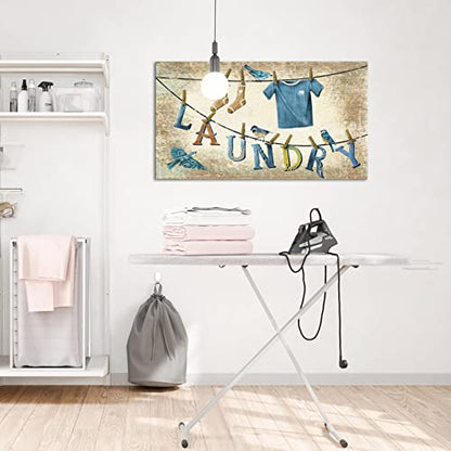 Conipit Laundry Canvas Wall Art Framed Vintage Laundry Room Signs Painting Birds on a Clothesline Artwork Print for Laundromat Dry Cleaning Store Gallery Wrap Ready to Hang 20x36 Inch