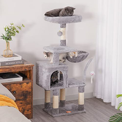 Heybly Cat Tree with Toy, Cat Tower condo for Indoor Cats, Cat House with Padded Plush Perch, Cozy Hammock and Sisal Scratching Posts, Light Gray HCT004SW