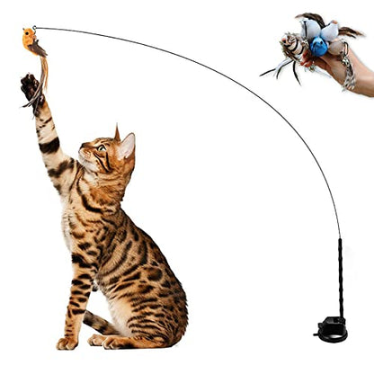Leo's Paw The Original Interactive Bird Simulation Cat Toy Set Realistic Colorful Feathers Bells Wand Self-Holding Suction Base Stimulating Real-Life Flying Bird Impression Hunting Play (w. 5 Birds)