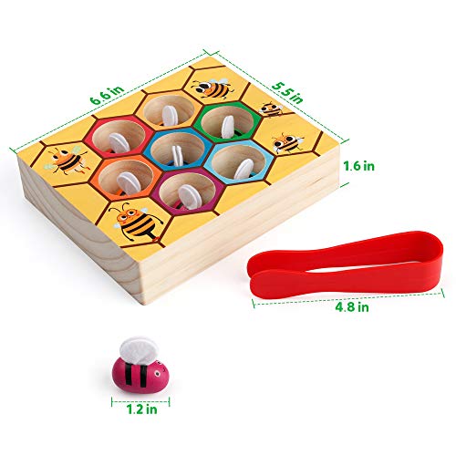 Coogam Toddler Fine Motor Skill Toy, Clamp Bee to Hive Matching Game, Montessori Wooden Color Sorting Puzzle, Early Learning Preschool Educational Gift Toy for 3 4 5 Years Old Kids