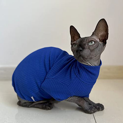 Sphynx Cats Shirt Cat Turtleneck Cotton Sweater Pullover Kitten T-Shirts with Sleeves Cat Pajamas Jumpsuit for Sphynx Cornish Rex, Devon Rex, Peterbald (X-Large (Pack of 1), Deep Blue)