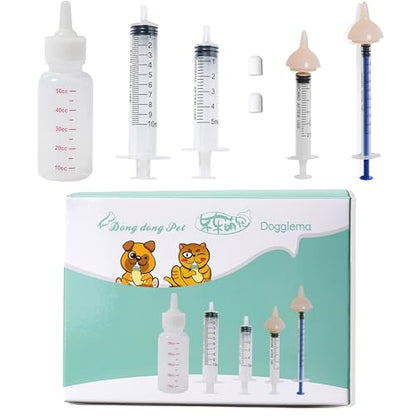 Bubble milk bowl Silicone Feeding Nipple and Syringes for Newborn Kittens, Puppies, Rabbits, Small Animals Dongdong pet (1 Bottle+2 Mini Pink Nipples+4 Syringes)