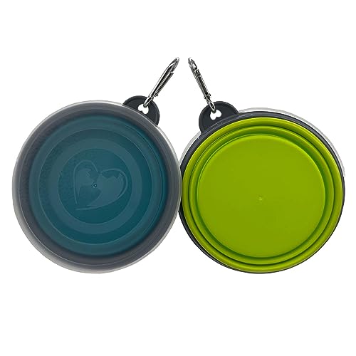 Small Collapsible Dog Bowl 12oz,2 Pack Portable and Foldable Pet Travel Bowls Collapsable Dog Water Feeding Bowls Dish with 2 Carabiners & Lids for Dogs Cats and Small Animals (Blue+Green+Grey, 350ml)