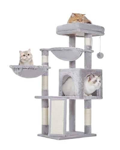 Taoqimiao Cat Tree, 37.4-Inch Cat Tower for Indoor Cats,Suitable for Kittens,Plush Cat Condo with 5 Scratching Posts, Plush Perch,2 Hammock,Pompoms, Scratching Ramp MS018W Light Gray