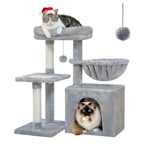 PEQULTI Small Cat Tree, [28.5''] Cat Tower for Indoor Cats, 2 Styles Cat Activity Tree with Cat Scratching Posts, Big Hammock and Removable Top Perch Grey
