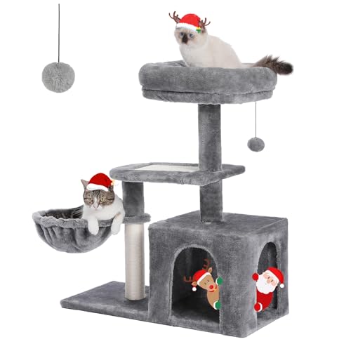 PETEPELA Cat Tree for Small Indoor Cats, Plush Cat Tower with Large Cat Condo, Deep Hammock and Sisal Cat Scratching Post for Kittens Grey