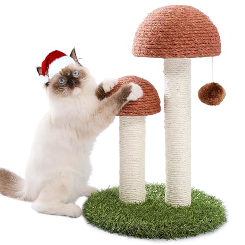 PETEPELA Cat Scratching Post, Mushroom Tall Cat Scratcher Featuring with Natural Sisal Scratching Poles and Interactive Toy Ball for Kittens and Small Cats (Brown)