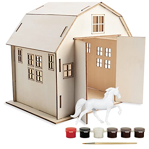 Breyer Horses Stablemates Paint Your Own Barn and Horse Set | 6 Paints Included | 1:32 Scale Horse | Barn 6.75" H x 5.25" W x 7.5" L Craft Set | Model #4245