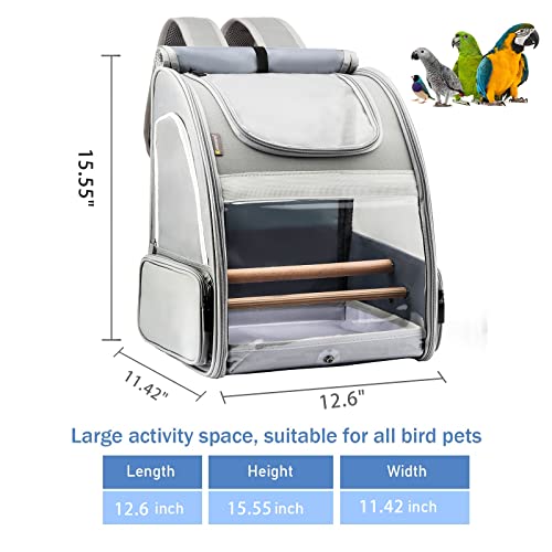 Texsens Bird Carrier Backpack - Pet Travel Cage with Upgraded Tray and Standing Perches, Breathable & Portable, for Small Birds, Green Cheek, Cockatiel, Parrot (Grey)
