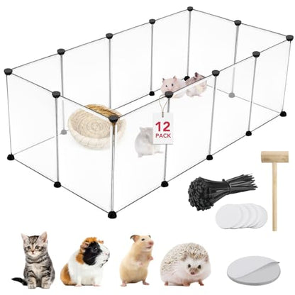 VISCOO 12 Panels Transparent Small Animals Playpen,48" x 24" x 16" Portable Pet Playpen,Plastic Enclosure,Puppy Play Pen for Indoors Outdoor Pet Fence for Guinea Pigs,Bunny,Ferrets,Hamsters,Hedgehogs