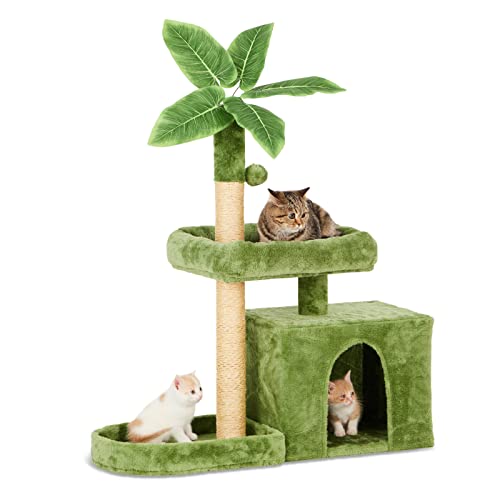 TSCOMON 31.5" Cat Tree/Tower for Indoor Cats with Green Leaves, Cat Condo Cozy Plush Cat House with Hang Ball and Leaf Shape Design, Cat Furniture Pet House with Cat Scratching Posts, Green
