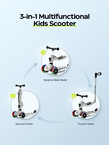 COOGHI Toddler Scooter, 3-in-1 Kids Scooter with Flashing Wheels, Adjustable Parent Push Bar & Seat & Handlebar, 3 Wheel Scooter for Kids Ages 1-5