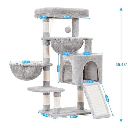 Hey-brother Cat Tree, Cat Tower for Indoor Cats, Cat House with Large Padded Bed, Cozy Condo, Hammocks, Sisal Scratching Posts, Big Scratcher, Light Gray MPJ006SW