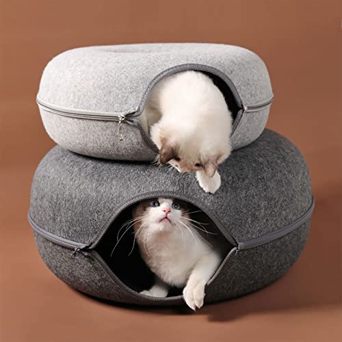 Large Cat Tunnel Bed for Indoor Cats with 3 Toys, Scratch Resistant Donut Cat Bed, Up to 30 Lbs (L 24x24x11, Dark Grey)