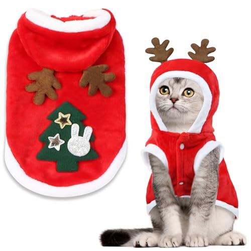 Cat Christmas Outfit, Cat Christmas Hoodie Vest Cat Santa Costume with Elk Antlers Christmas Clothes for Cats Pets (Small)