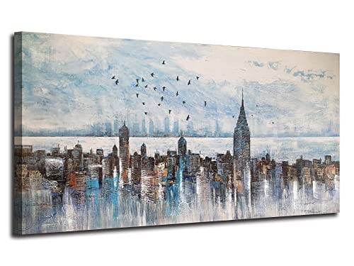 Arjun Cityscape Wall Art New York City Skyline Buildings Picture Modern Abstract Grey NYC Skyline Birds Painting Framed Artwork for Bedroom Living Room Bathroom Home Office Decor, Large Size 40"x20"