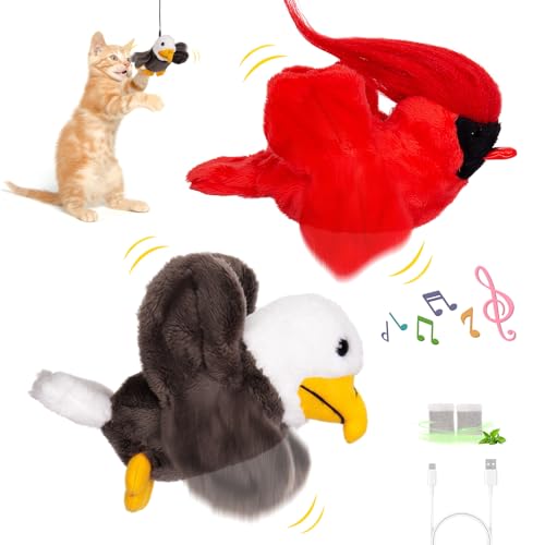 HOSFROLL Interactive Cat Toys, Flapping Birds Cat Plush Catnip Toys Self Play, USB Rechargeable Touch Activated Kitten Toys Cat Exercise Toys, 2Pcs Hanging Cat Teaser Toy (Cardinal & Eagle)
