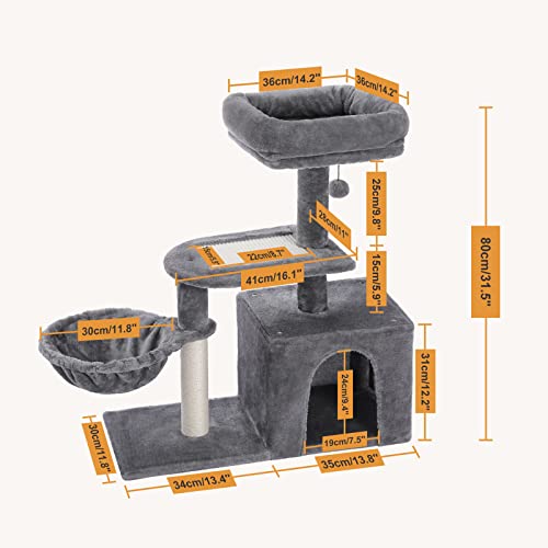 PETEPELA Cat Tree for Small Indoor Cats, Plush Cat Tower with Large Cat Condo, Deep Hammock and Sisal Cat Scratching Post for Kittens Grey
