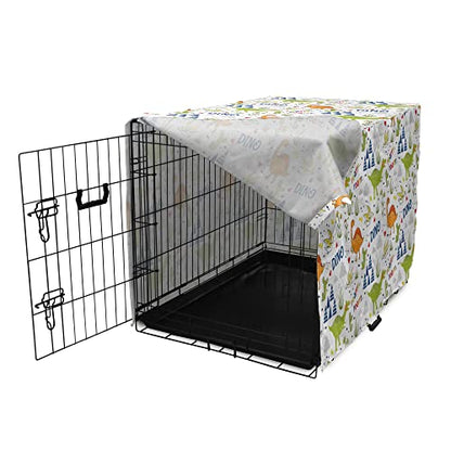 Lunarable Dinosaur Dog Crate Cover, Continuous Cactus and Flying Ancestor Birds Roar Sound on Plain Backdrop, Easy to Use Pet Kennel Cover for Small Dogs Puppies Kittens, 48 Inch, White and Multicolor