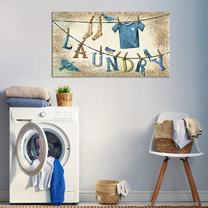 Conipit Laundry Canvas Wall Art Framed Vintage Laundry Room Signs Painting Birds on a Clothesline Artwork Print for Laundromat Dry Cleaning Store Gallery Wrap Ready to Hang 20x36 Inch