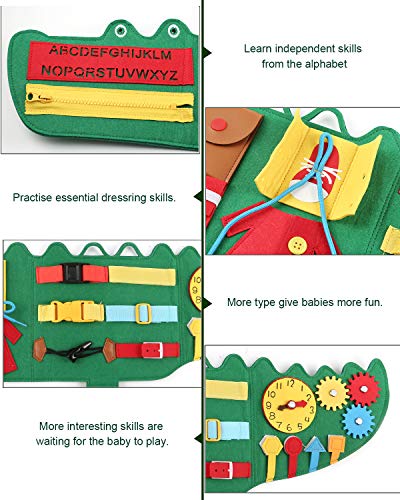 PP OPOUNT Toddler Busy Board, 15 Sense Montessori Busy Board for Educational Learning Toys, Travel Busy Board for Kids, Crocodile Design Activity Board for Early Learning Education