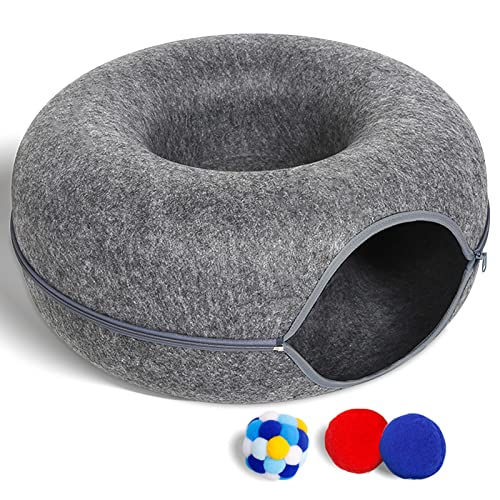Large Cat Tunnel Bed for Indoor Cats with 3 Toys, Scratch Resistant Donut Cat Bed, Up to 30 Lbs (L 24x24x11, Dark Grey)