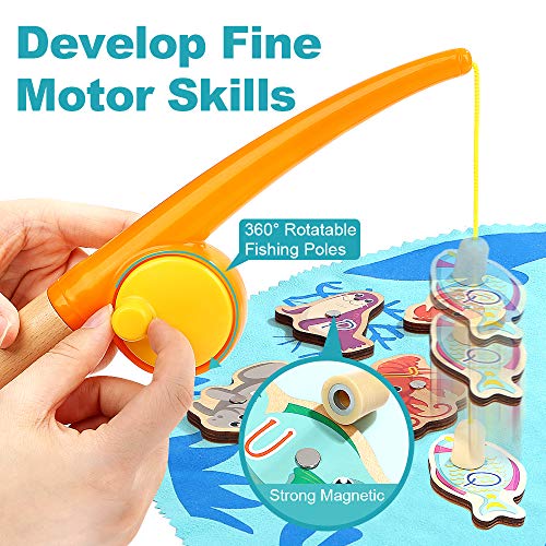 TOP BRIGHT Montessori Toddler Fishing Game - Kids Wooden Magnetic Fishing Toys Gifts for 3 Years Old Girls Boys