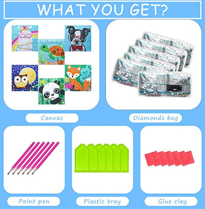 CHWGLFGG 6 Pack 5D Diamond Painting Kits for Kids Beginners, Full Drill Cute Animals Diamond Art Kits, DIY Big Gem Art for Children Ages 6-7-8-9-12, Home Wall Decor 6x6 Inch