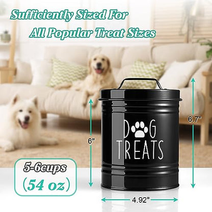 OUTNILI Small Dog Treat Container Airtight - 6" Tall X 4.9" Round Black Dog Treat Jar for Kitchen Counter - Rustic Treat Storage Canister for Dogs, Cats, Small Animals - Gifts for Pet Owners