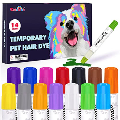 Dreamon 14 Colors Dog Hair Dye, Temporary Pet Hair Color Crayons for Dog with Hair Dye Book to Create Different Grooming Ideal, Washable Pet Hair Dye for Dogs Cats Horses