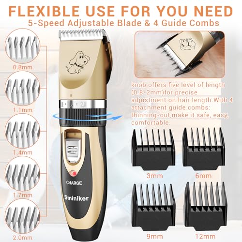 Sminiker Professional Rechargeable Cordless Dogs Cats Horse Grooming Clippers - Professional Pet Hair Clippers with Comb Guides for Dogs Cats Horses and Other House Animals Pet Grooming Kit