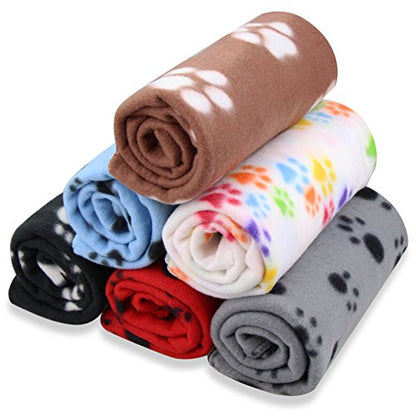 EAGMAK Cute Dog Cat Fleece Blankets with Paw Prints for Kitten Puppy and Small Animals Pack of 6 (Black, Brown, Blue, Grey, red and White)