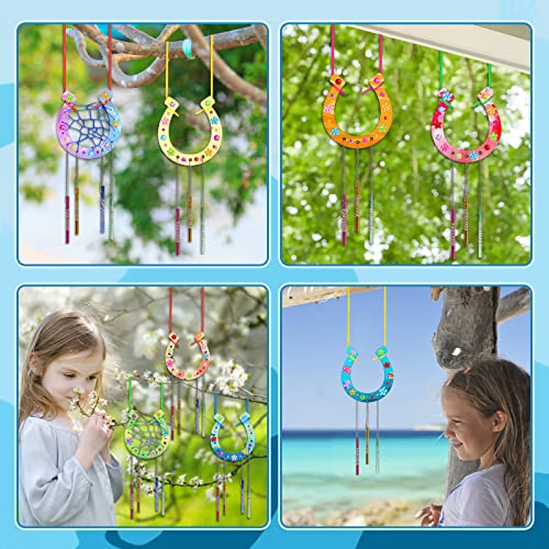 Fennoral 16 Pack Wind Chime Kit for Kids Make Your Own Horseshoe Wind Chime Wooden Arts and Crafts for Girls Boys Ornaments DIY Coloring Horseshoes Craft for Art Activity Birthday Supplies