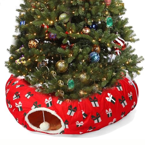 LUCKITTY Cat Tunnel Bed Under Christmas Tree 3FT x 3FT x 9.8IN - Decorative Christmas Style with Gift-Box Patterns - Red Color Perfect for Festive Felines Small Animals