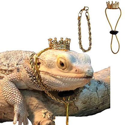 KUNBIUH 2Pcs Lizard Crown Necklace Set Metal Lizard Outfit Reptile Clothes Accessories Lizard Photo Props for Bearded Dragons Iguana Amphibians and Other Small Animals (Gold)