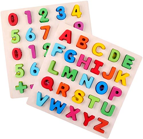 2 in 1 Learning Puzzle Board Alphabet and Number Wooden Puzzle for Preschool Boy and Girl Age 3 4 5 6 Montessori Education Tool Early Education Sorting and Counting Learning Board Gift for Toddler