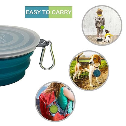 Small Collapsible Dog Bowl 12oz,2 Pack Portable and Foldable Pet Travel Bowls Collapsable Dog Water Feeding Bowls Dish with 2 Carabiners & Lids for Dogs Cats and Small Animals (Blue+Green+Grey, 350ml)