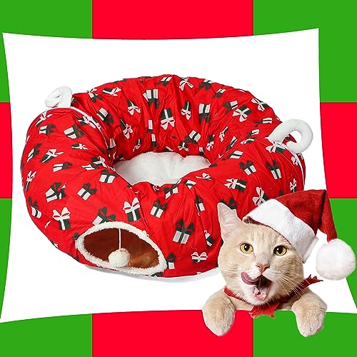 LUCKITTY Cat Tunnel Bed Under Christmas Tree 3FT x 3FT x 9.8IN - Decorative Christmas Style with Gift-Box Patterns - Red Color Perfect for Festive Felines Small Animals
