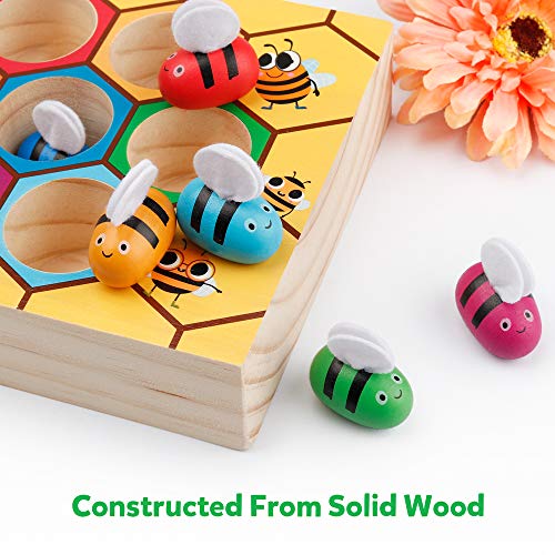 Coogam Toddler Fine Motor Skill Toy, Clamp Bee to Hive Matching Game, Montessori Wooden Color Sorting Puzzle, Early Learning Preschool Educational Gift Toy for 3 4 5 Years Old Kids