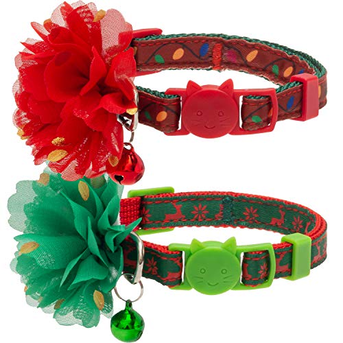 CHERPET Christmas Cat Collar with Bell - 2 Pack Breakaway Adjustable Flower Cat Collars, Elk & String Lights Pattern Cute Pet Collars Set Holiday Decoration for Cats, Kitten, Small Animals