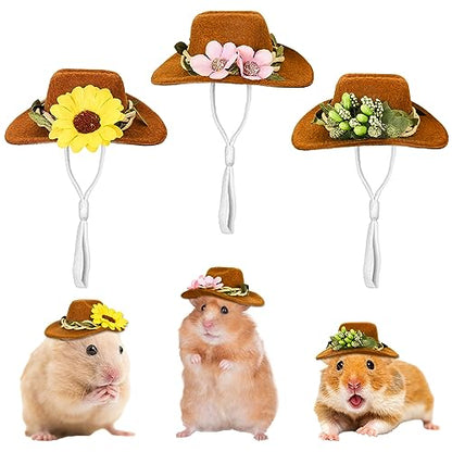 Whaline 3Pcs Small Animals Hats Hamster Chicken Mini Cowboy Hats Flower Leaves Brown Guinea Pig Hats Felt Tiny Cute Pet Hat Costume Accessories for Small Pet Holiday Party Clothes Supplies Photo Props