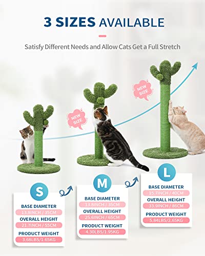 Made4Pets Cat Scratching Post, Cactus Cat Scratcher Kitten Scratch Post with Sisal Rope for Indoor Cats Claw Scratcher, Vertical Green Cat Tree with Dangling Ball for Kitties, Medium-25.6 inches