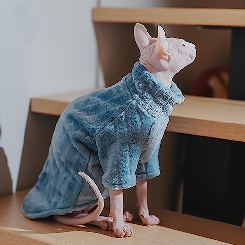 Turtleneck Sweater for Sphynx Cat Soft Coral Fleece Cat Clothes Thick Winter Warm Outfit Coat for Hairless Cats and Small Dogs Apparel with Sleeves (L (7-8.5 lbs), Blue)