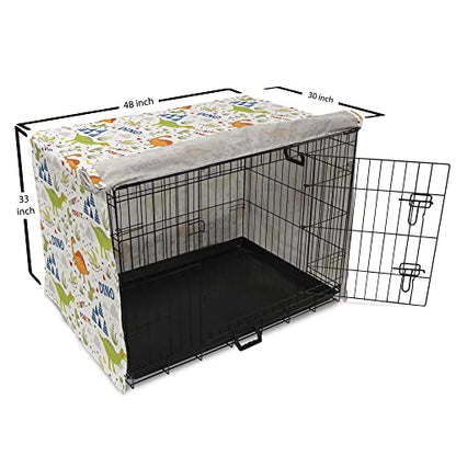 Lunarable Dinosaur Dog Crate Cover, Continuous Cactus and Flying Ancestor Birds Roar Sound on Plain Backdrop, Easy to Use Pet Kennel Cover for Small Dogs Puppies Kittens, 48 Inch, White and Multicolor
