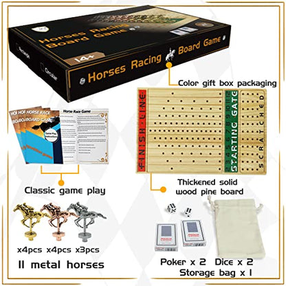 Jyquorp Horse Race Board Game Racing Game Thickened Solid Wood with 11 Luxurious Durable Classic Metal Horses with 4 Dice and 2 Boxes of Cards Horse Racing Game (Log Color, Rectangle)…