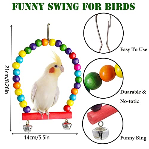 Bird Parakeet Cockatiel Toys, ESRISE Natural Wood Hanging Bell Pet Bird Cage Hammock Swing Climbing Ladders Wooden Perch Mirror Chewing Toy for Budgerigar, Conures, Love Birds