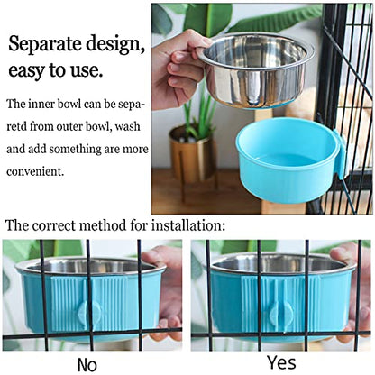 kathson Crate Dog Bowl, Removable Stainless Steel Hanging Pet Cage Bowl Food & Water Feeder Coop Cup for Cat, Puppy, Birds, Rats, Guinea Pigs 2pcs(Blue,Green)