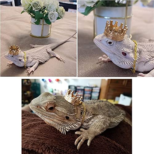 KUNBIUH 2Pcs Lizard Crown Necklace Set Metal Lizard Outfit Reptile Clothes Accessories Lizard Photo Props for Bearded Dragons Iguana Amphibians and Other Small Animals (Gold)
